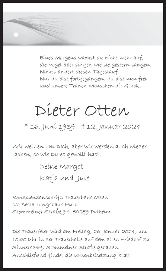 Anzeige von Dieter Otten von  Wochenende 