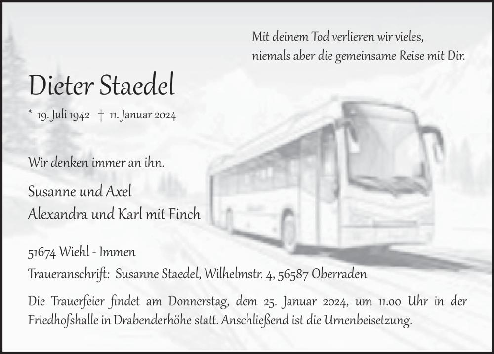  Traueranzeige für Dieter Staede vom 19.01.2024 aus  Anzeigen Echo 