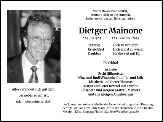 Anzeige von Dietger Mainone von Kölner Stadt-Anzeiger / Kölnische Rundschau / Express
