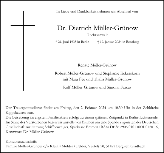Anzeige von Dietrich Müller-Grünow von Kölner Stadt-Anzeiger / Kölnische Rundschau / Express