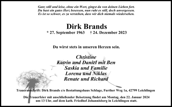 Anzeige von Dirk Brands von Kölner Stadt-Anzeiger / Kölnische Rundschau / Express