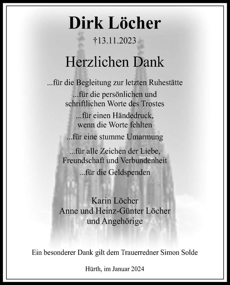  Traueranzeige für Dirk Löcher vom 13.01.2024 aus Kölner Stadt-Anzeiger / Kölnische Rundschau / Express