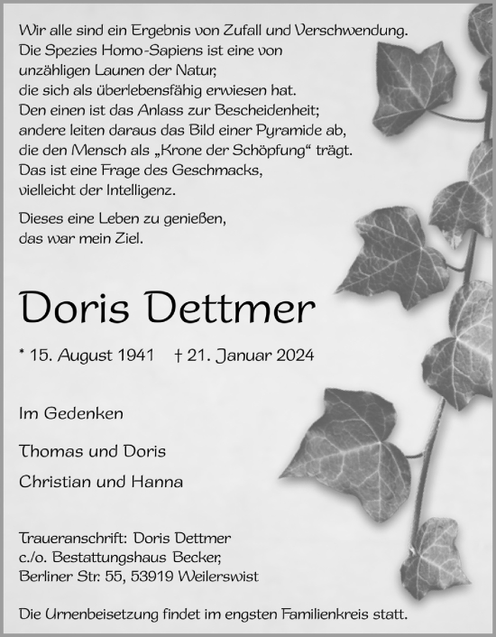 Anzeige von Doris Dettmer von Kölner Stadt-Anzeiger / Kölnische Rundschau / Express