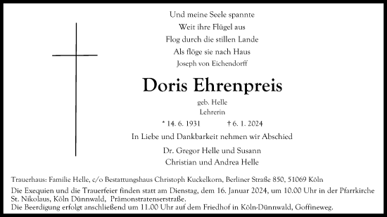 Anzeige von Doris Ehrenpreis von Kölner Stadt-Anzeiger / Kölnische Rundschau / Express