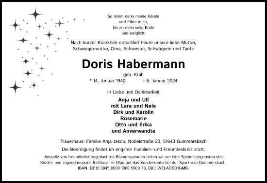 Anzeige von Doris Habermann von Kölner Stadt-Anzeiger / Kölnische Rundschau / Express