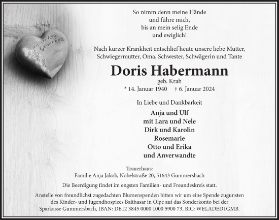 Anzeige von Doris Habermann von  Anzeigen Echo 
