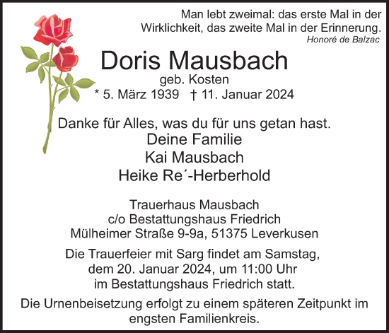 Anzeige von Doris Mausbach von Kölner Stadt-Anzeiger / Kölnische Rundschau / Express