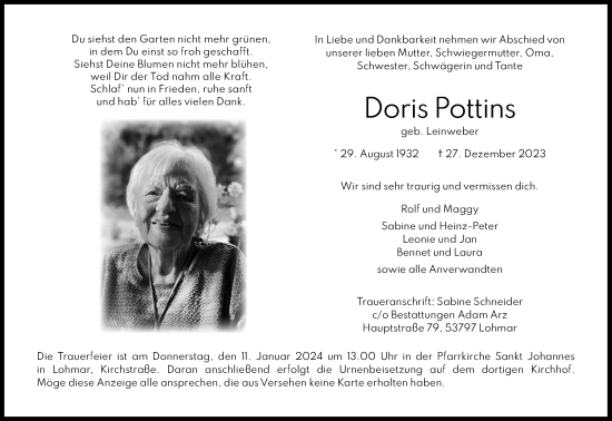 Anzeige von Doris Pottins von Kölner Stadt-Anzeiger / Kölnische Rundschau / Express