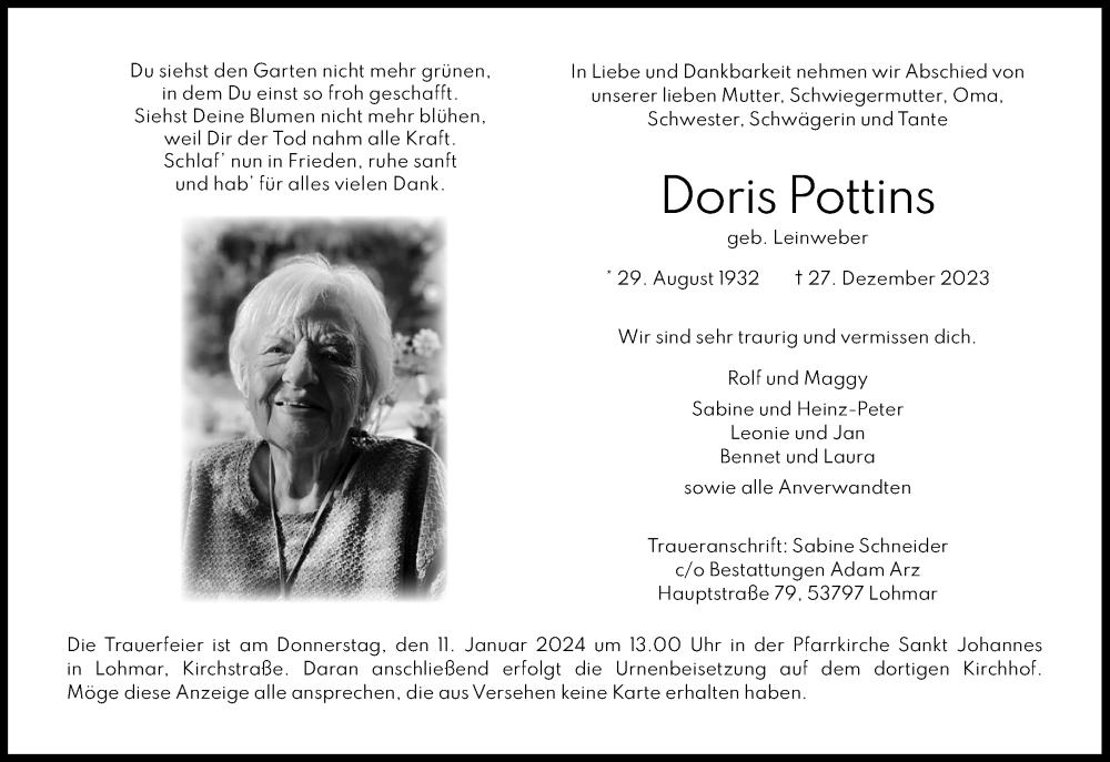  Traueranzeige für Doris Pottins vom 06.01.2024 aus Kölner Stadt-Anzeiger / Kölnische Rundschau / Express