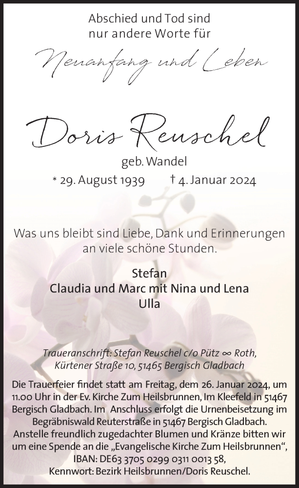  Traueranzeige für Doris Reuschel vom 19.01.2024 aus  Bergisches Handelsblatt 