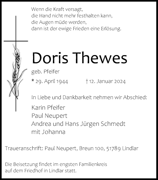 Anzeige von Doris Thewes von Kölner Stadt-Anzeiger / Kölnische Rundschau / Express