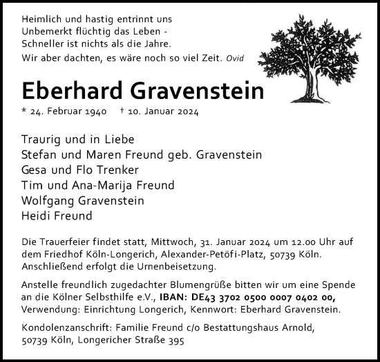 Anzeige von Eberhard Gravenstein von Kölner Stadt-Anzeiger / Kölnische Rundschau / Express