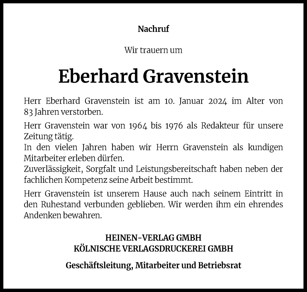  Traueranzeige für Eberhard Gravenstein vom 20.01.2024 aus Kölner Stadt-Anzeiger / Kölnische Rundschau / Express
