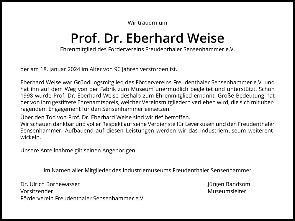  Traueranzeige für Eberhard Weise vom 27.01.2024 aus Kölner Stadt-Anzeiger / Kölnische Rundschau / Express