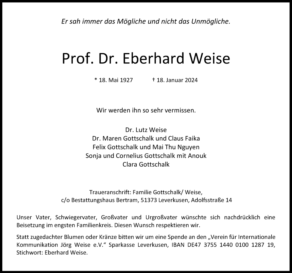  Traueranzeige für Eberhard Weise vom 27.01.2024 aus Kölner Stadt-Anzeiger / Kölnische Rundschau / Express