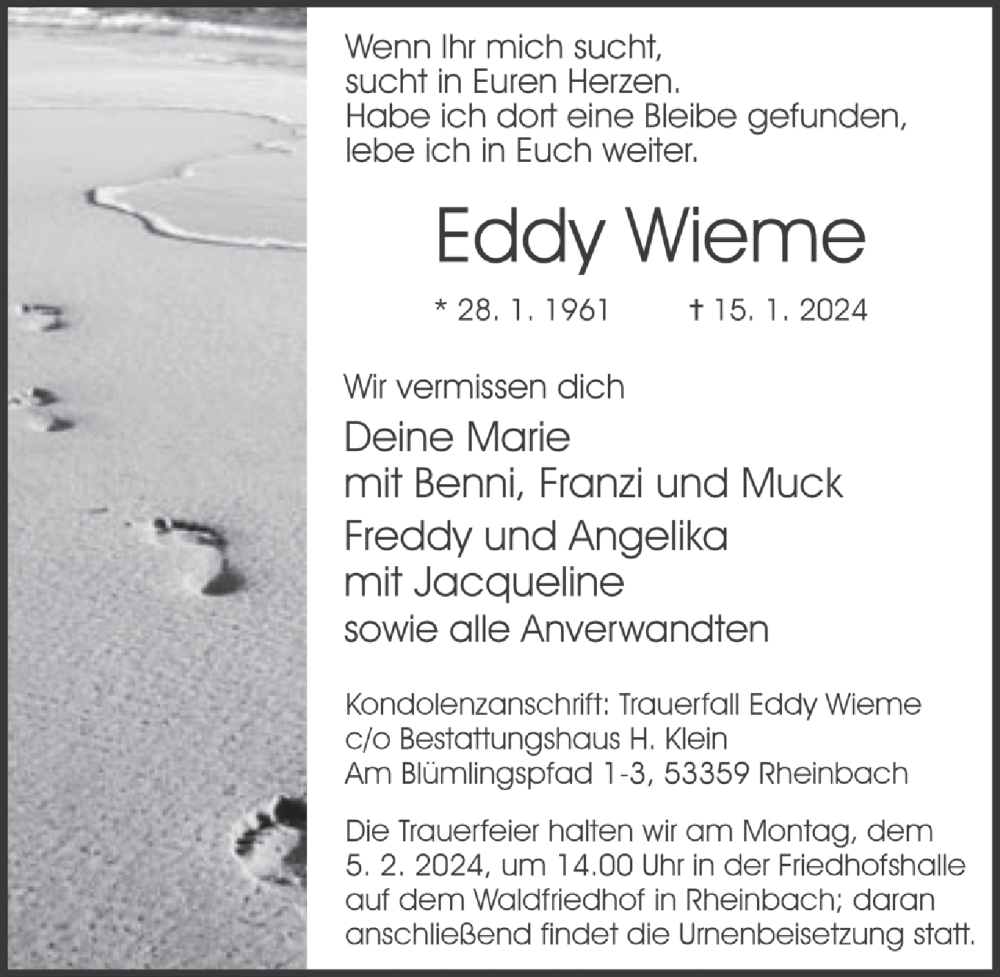  Traueranzeige für Eddy Wieme vom 26.01.2024 aus  Schaufenster/Blickpunkt 