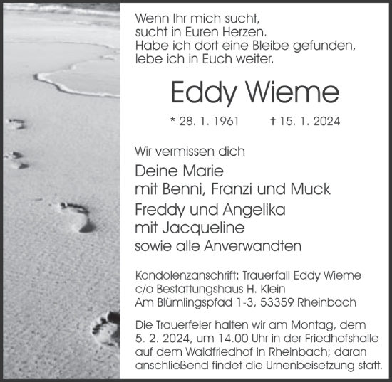 Anzeige von Eddy Wieme von  Schaufenster/Blickpunkt 