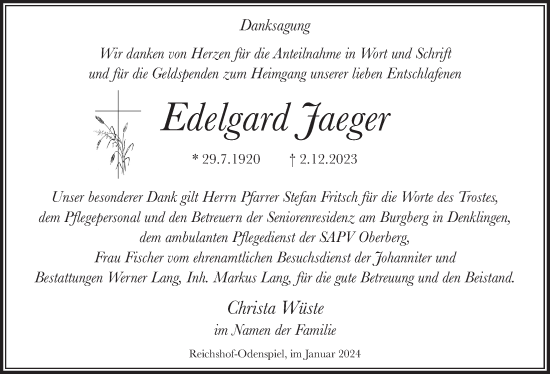 Anzeige von Edelgard Jaeger von  Lokalanzeiger 