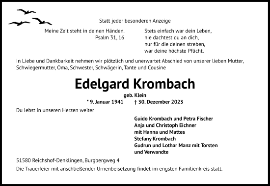 Anzeige von Edelgard Krombach von Kölner Stadt-Anzeiger / Kölnische Rundschau / Express