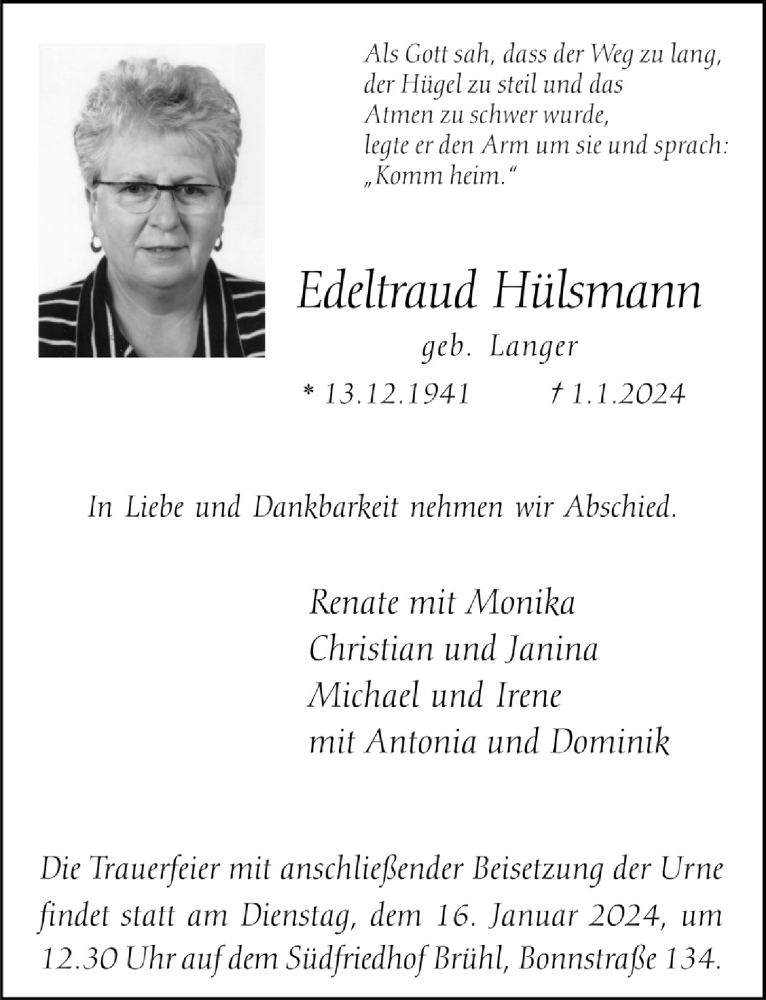  Traueranzeige für Edeltraud Hülsmann vom 12.01.2024 aus  Schlossbote/Werbekurier 