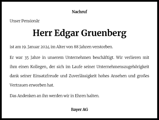 Anzeige von Edgar Gruenberg von Kölner Stadt-Anzeiger / Kölnische Rundschau / Express