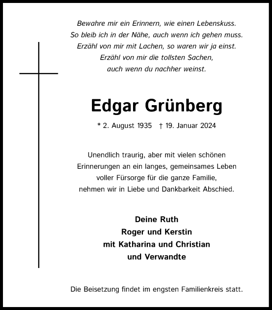 Anzeige von Edgar Grünberg von Kölner Stadt-Anzeiger / Kölnische Rundschau / Express