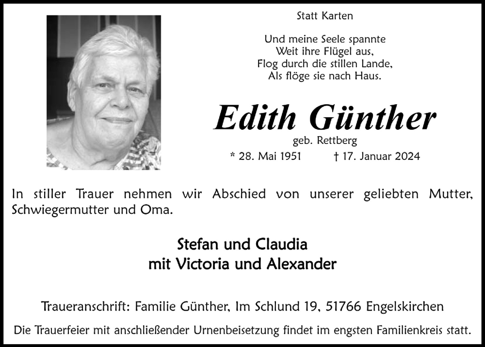  Traueranzeige für Edith Günther vom 26.01.2024 aus  Anzeigen Echo 