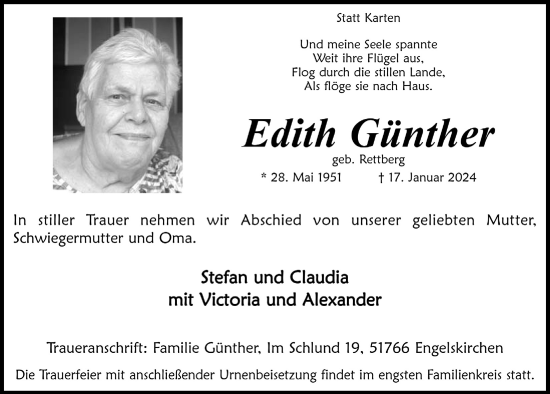 Anzeige von Edith Günther von  Anzeigen Echo 