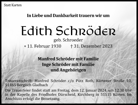 Anzeige von Edith Schröder von Kölner Stadt-Anzeiger / Kölnische Rundschau / Express