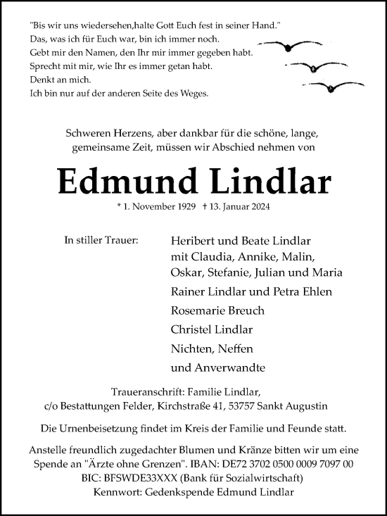 Anzeige von Edmund Lindlar von Kölner Stadt-Anzeiger / Kölnische Rundschau / Express