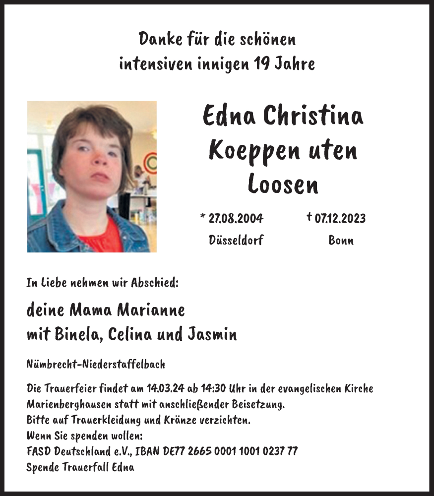  Traueranzeige für Edna Christina Koeppen uten Loosen vom 20.01.2024 aus Kölner Stadt-Anzeiger / Kölnische Rundschau / Express