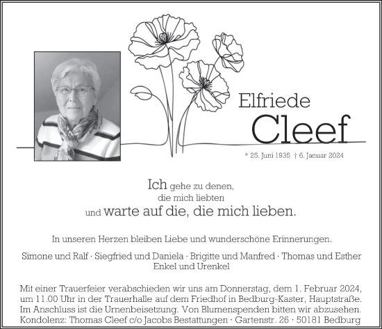 Anzeige von Elfriede Cleef von  Werbepost 