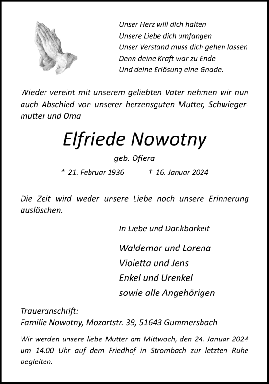 Anzeige von Elfriede Nowotny von Kölner Stadt-Anzeiger / Kölnische Rundschau / Express