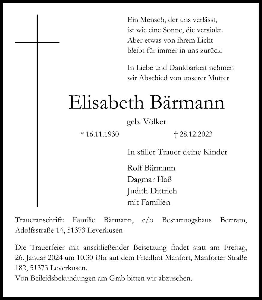  Traueranzeige für Elisabeth Bärmann vom 20.01.2024 aus Kölner Stadt-Anzeiger / Kölnische Rundschau / Express