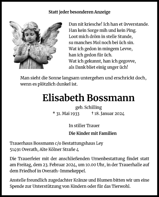 Anzeige von Elisabeth Bossmann von Kölner Stadt-Anzeiger / Kölnische Rundschau / Express