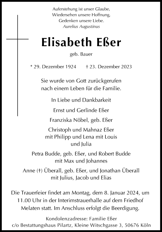Anzeige von Elisabeth Eßer von Kölner Stadt-Anzeiger / Kölnische Rundschau / Express