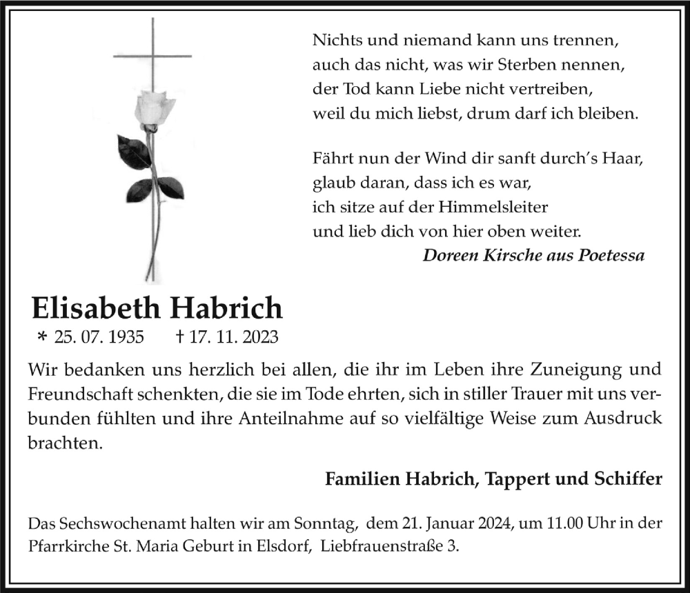  Traueranzeige für Elisabeth Habrich vom 12.01.2024 aus  Werbepost 