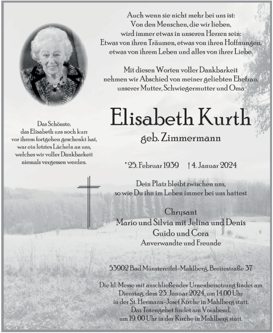 Anzeige von Elisabeth Kurt von  Blickpunkt Euskirchen 