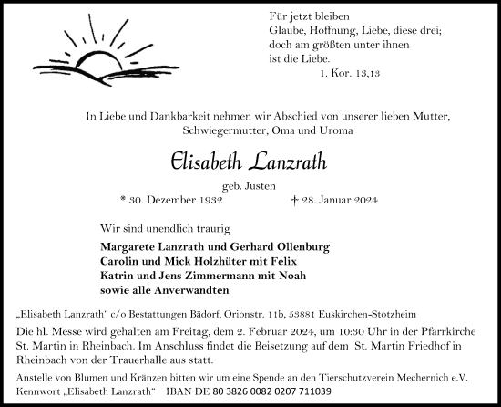 Anzeige von Elisabeth Lanzrath von Kölner Stadt-Anzeiger / Kölnische Rundschau / Express
