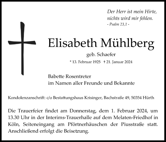 Anzeige von Elisabeth Mühlberg von Kölner Stadt-Anzeiger / Kölnische Rundschau / Express