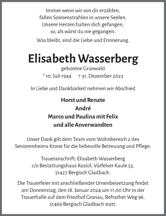 Anzeige von Elisabeth Wasserberg von  Bergisches Handelsblatt 