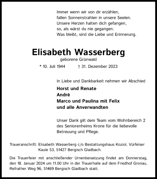 Anzeige von Elisabeth Wasserberg von Kölner Stadt-Anzeiger / Kölnische Rundschau / Express
