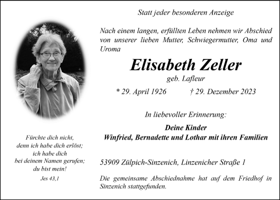 Anzeige von Elisabeth Zeller von  Blickpunkt Euskirchen 