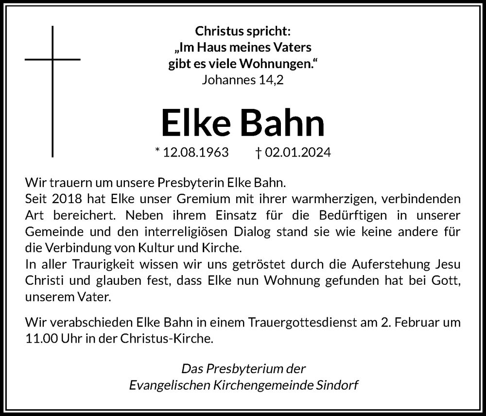  Traueranzeige für Elke Bahn vom 20.01.2024 aus Kölner Stadt-Anzeiger / Kölnische Rundschau / Express