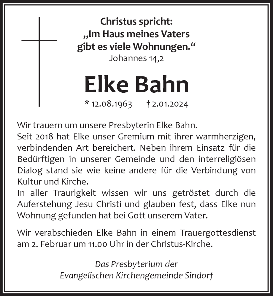  Traueranzeige für Elke Bahn vom 19.01.2024 aus  Werbepost 
