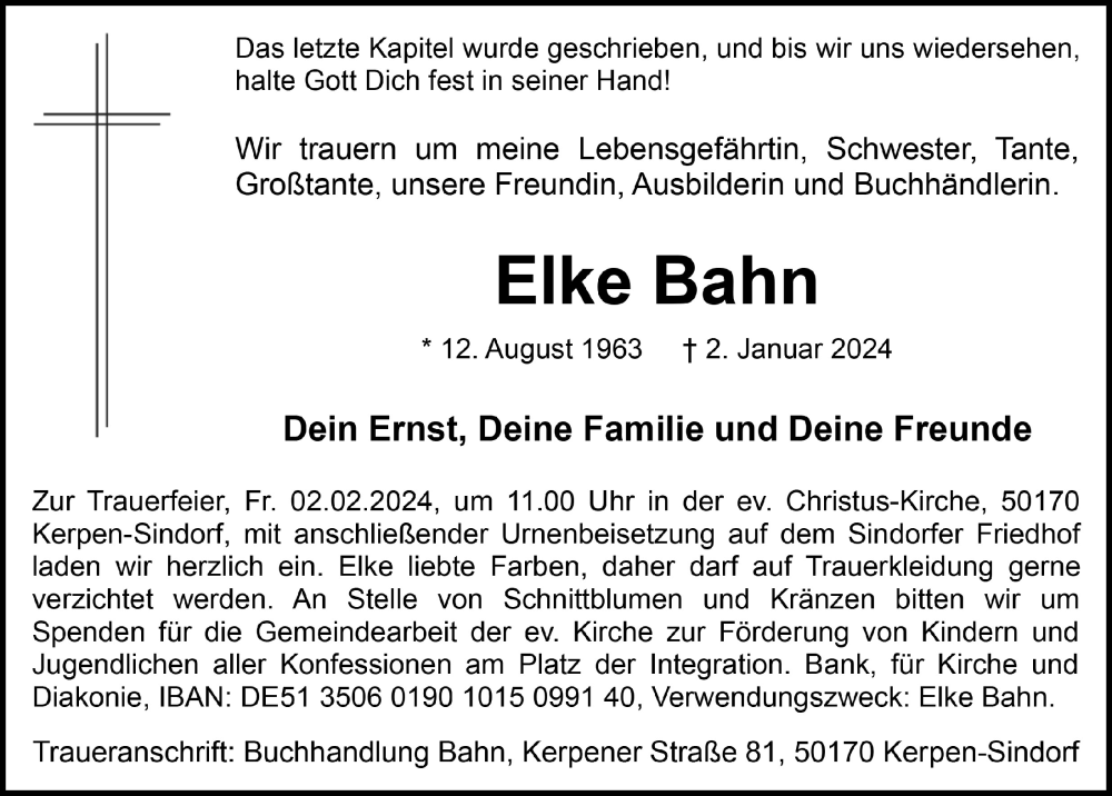  Traueranzeige für Elke Bahn vom 19.01.2024 aus  Werbepost 