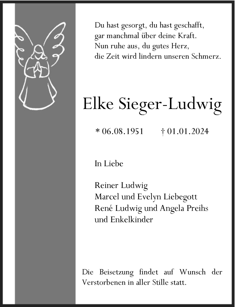  Traueranzeige für Elke Sieger-Ludwig vom 19.01.2024 aus  Lokale Informationen 