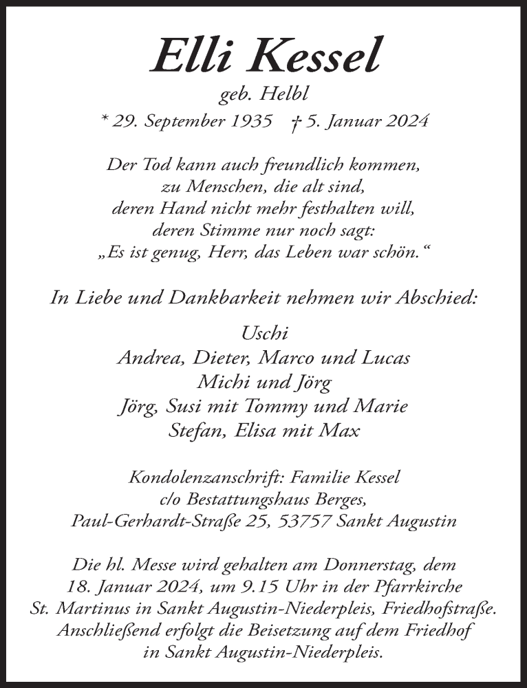  Traueranzeige für Elli Kessel vom 12.01.2024 aus  Extra Blatt 