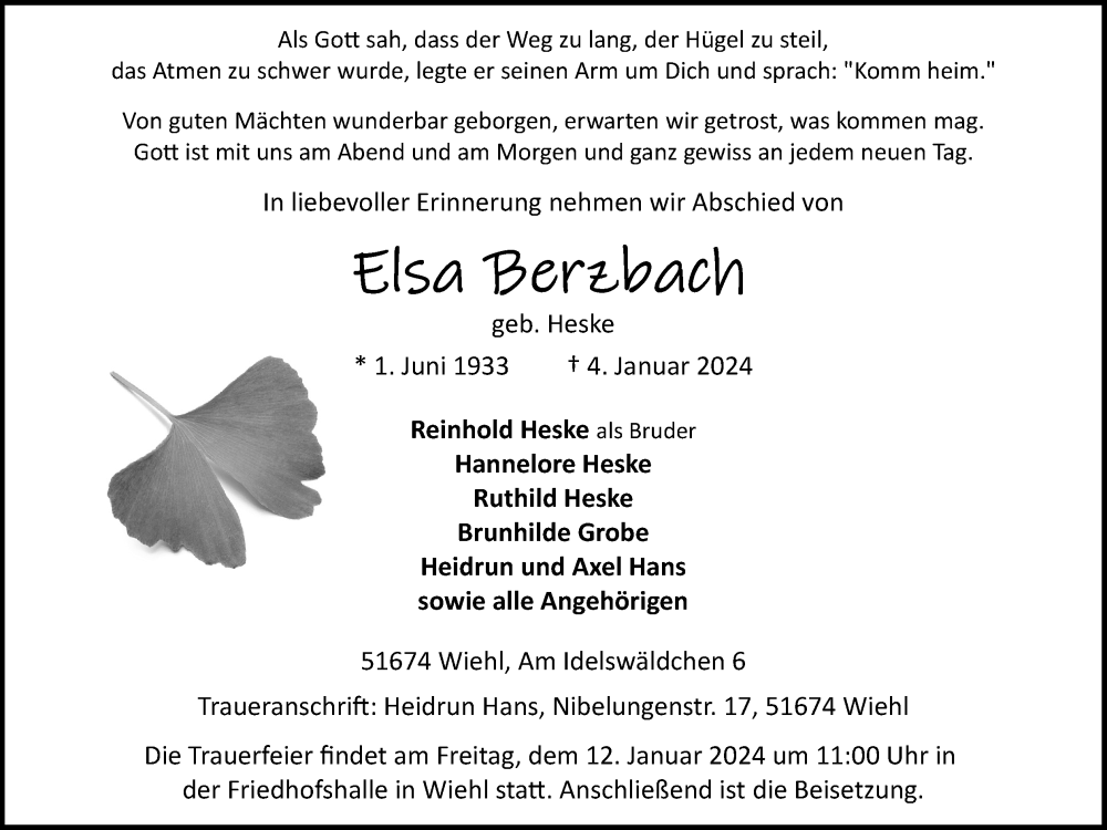  Traueranzeige für Elsa Berzbach vom 09.01.2024 aus Kölner Stadt-Anzeiger / Kölnische Rundschau / Express