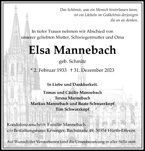 Anzeige von ElsaMannebach Mannebach von Kölner Stadt-Anzeiger / Kölnische Rundschau / Express